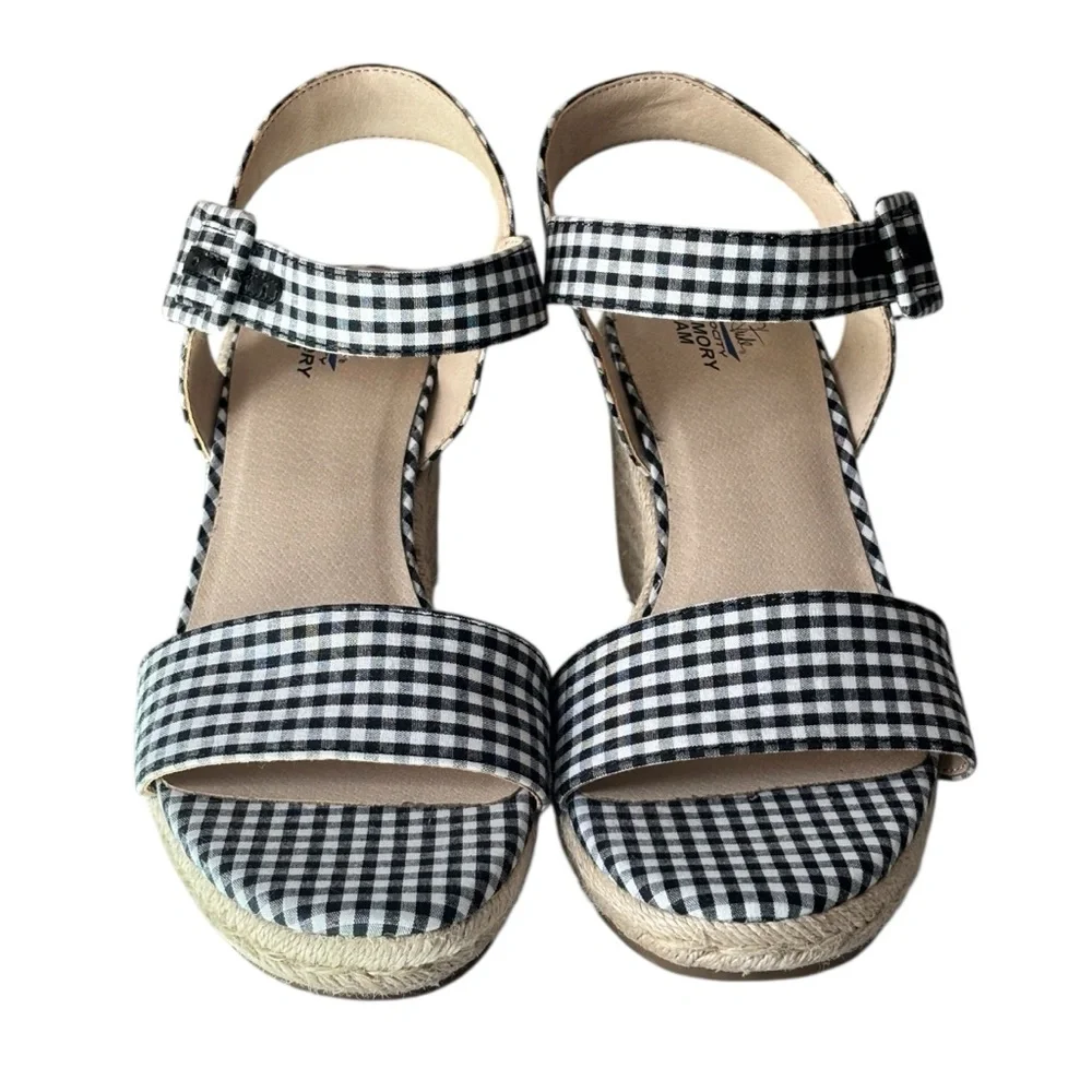 LIFESTRIDE - TANGO - SZ 10 CRISP BLACK & WHITE CHECK ESPADRILLE WEDGE SANDAL‎ S5